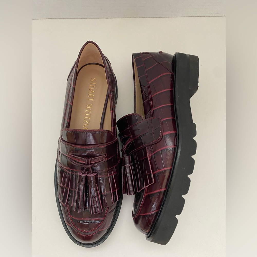 Stuart Weitzman Shoes Lug Sole Loafers Tassel Embossed Crocodile Size 8.5